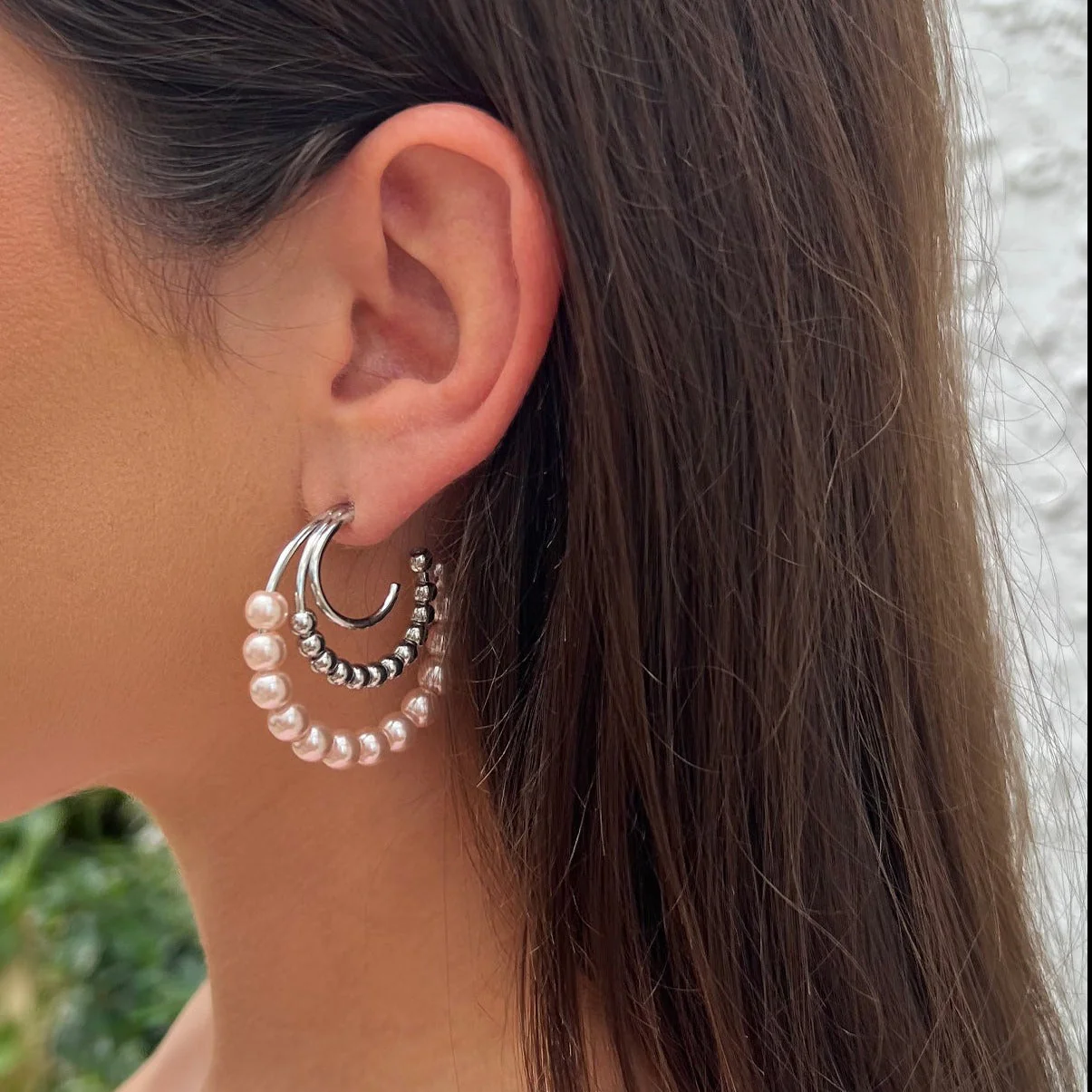 SALE Pink & White Beaded Triple Hoop Earrings - Image 3